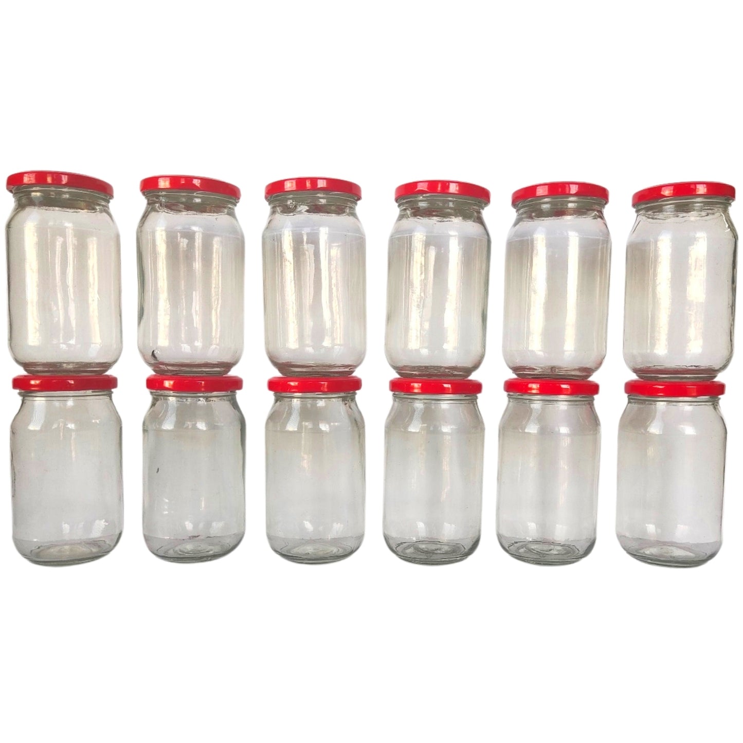 Glass Jars with Red Round cap front view set of 12