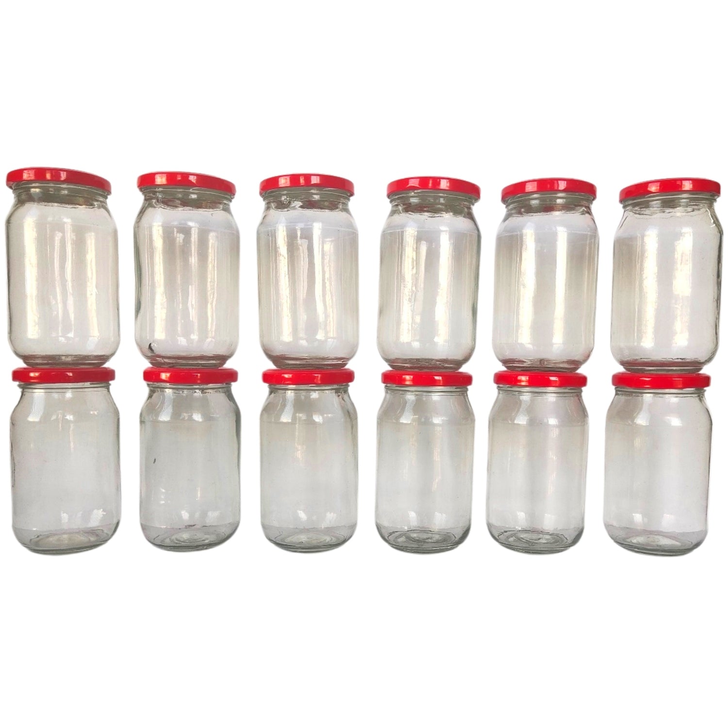 Glass Jars with Red Round cap front view set of 12