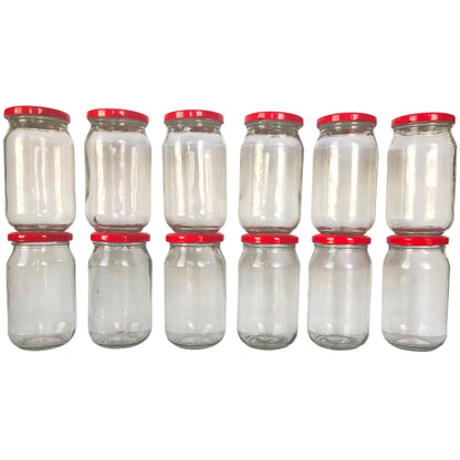 Glass Jars with Red Round cap front view set of 12