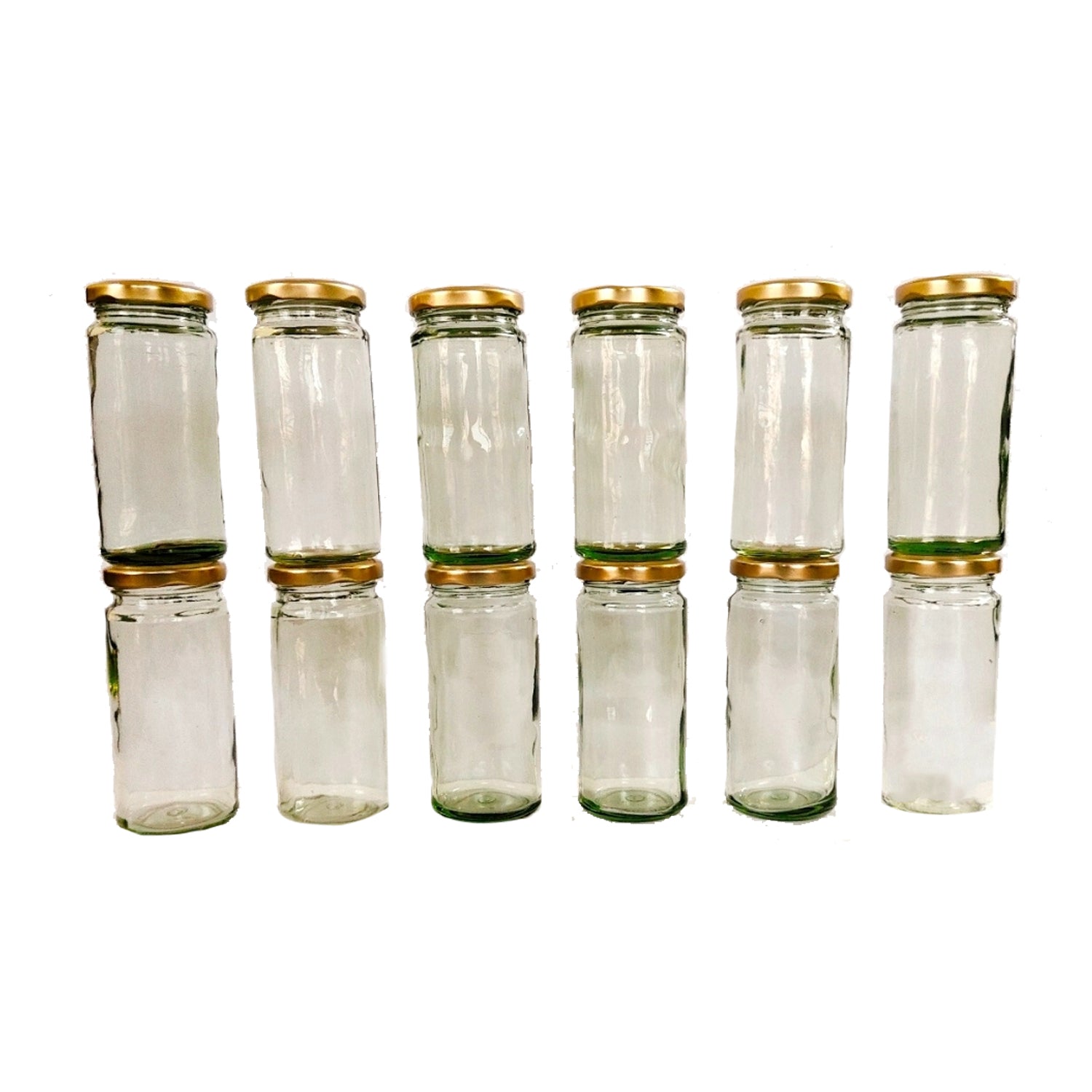 Long Glass Jars with Golden Round cap front view set of 12