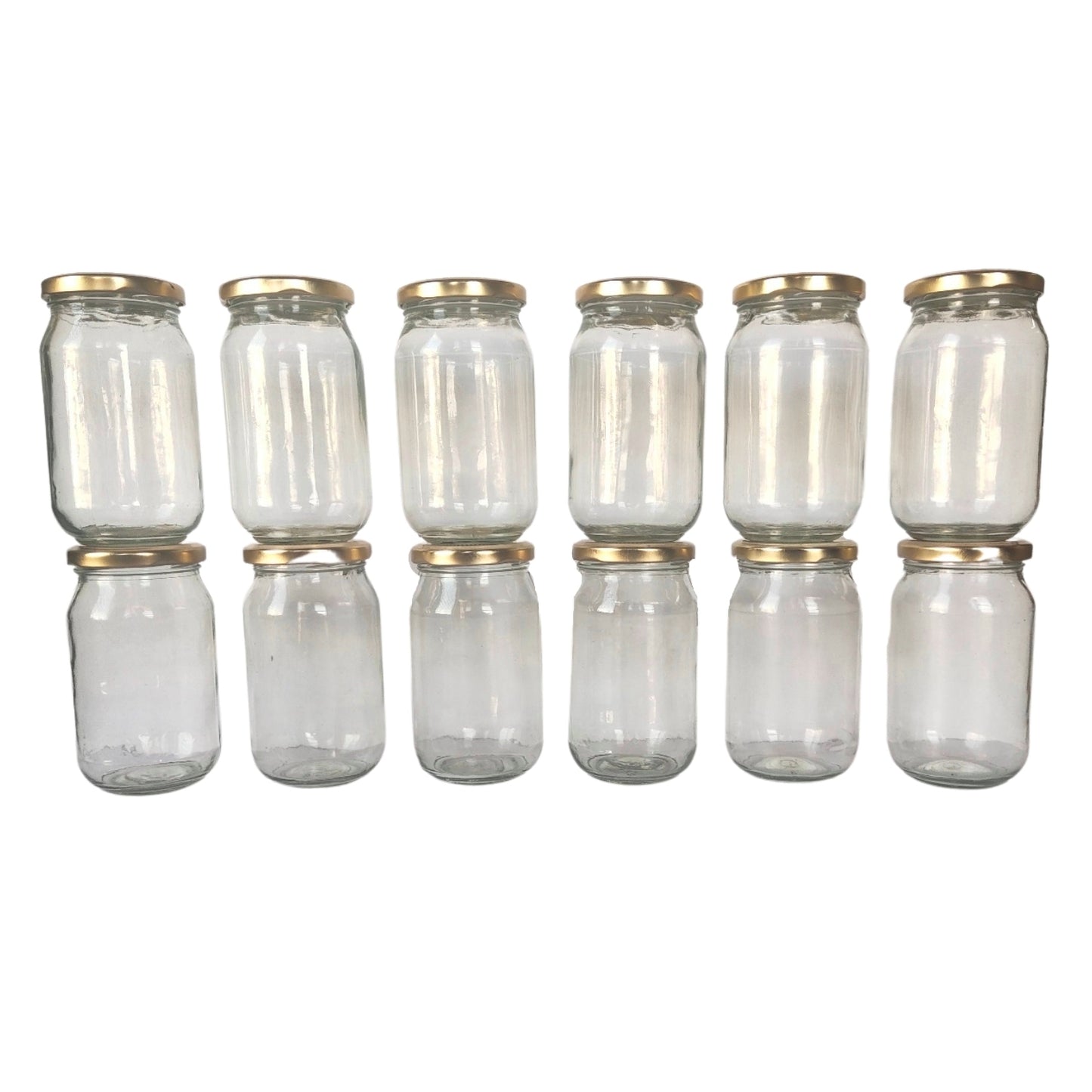 Glass Jars with Golden Round cap front view set of 12