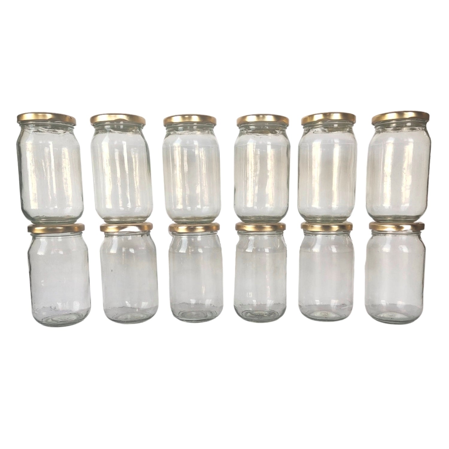 Glass Jars with Golden Round cap front view set of 12