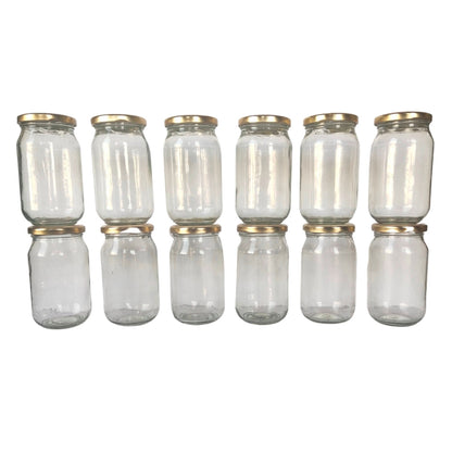 Glass Jars with Golden Round cap front view set of 12