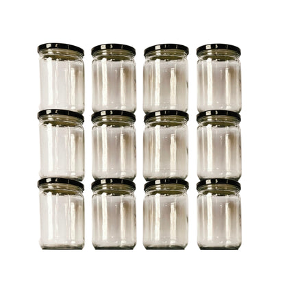 Glass Jars with Black cap front view set of 12