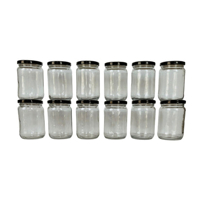 Glass Jars with Black Round cap front view set of 12