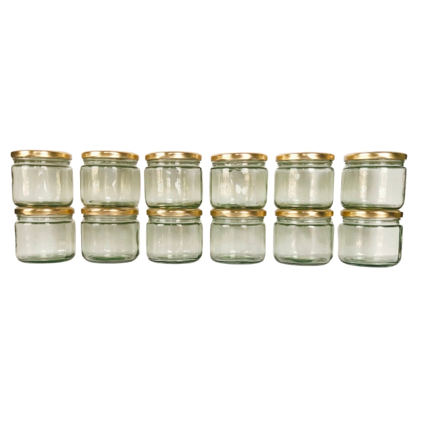 Glass Jars with golden cap front view set of 12