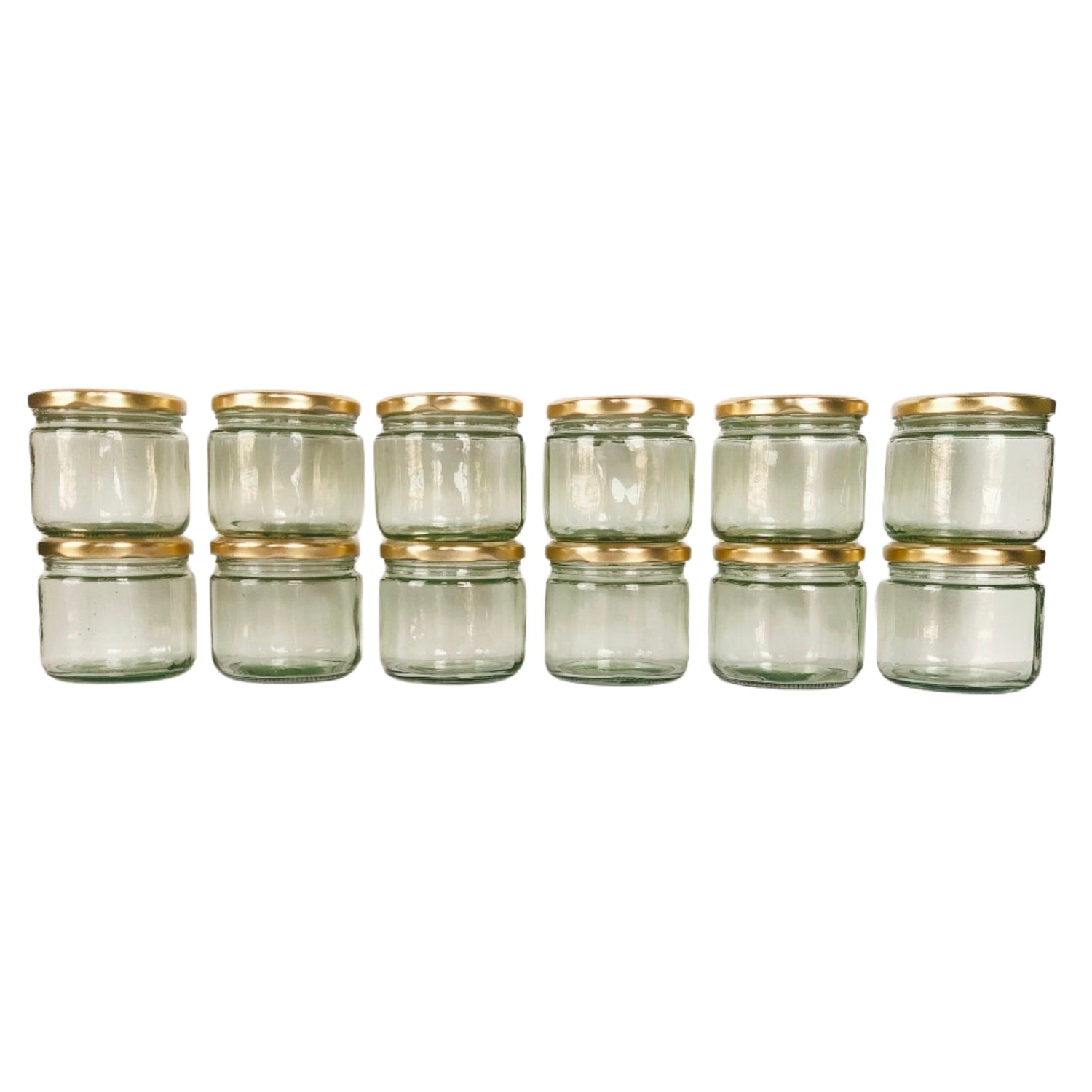 Glass Jars with golden cap front view set of 12