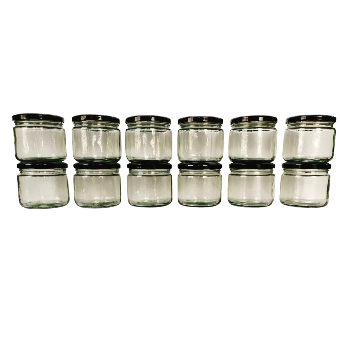 Glass Jars with Black cap front view set of 12
