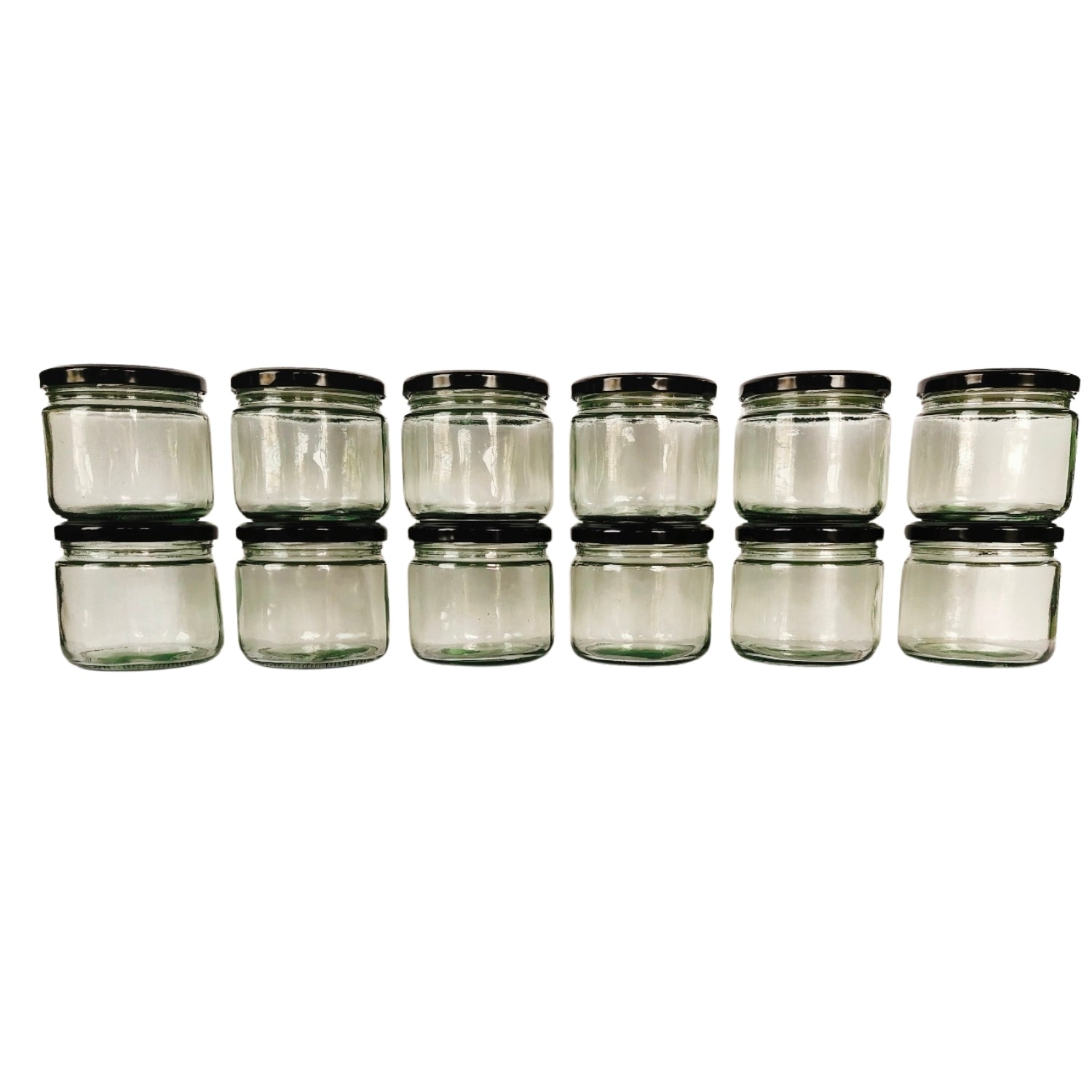 Glass Jars with Black cap front view set of 12