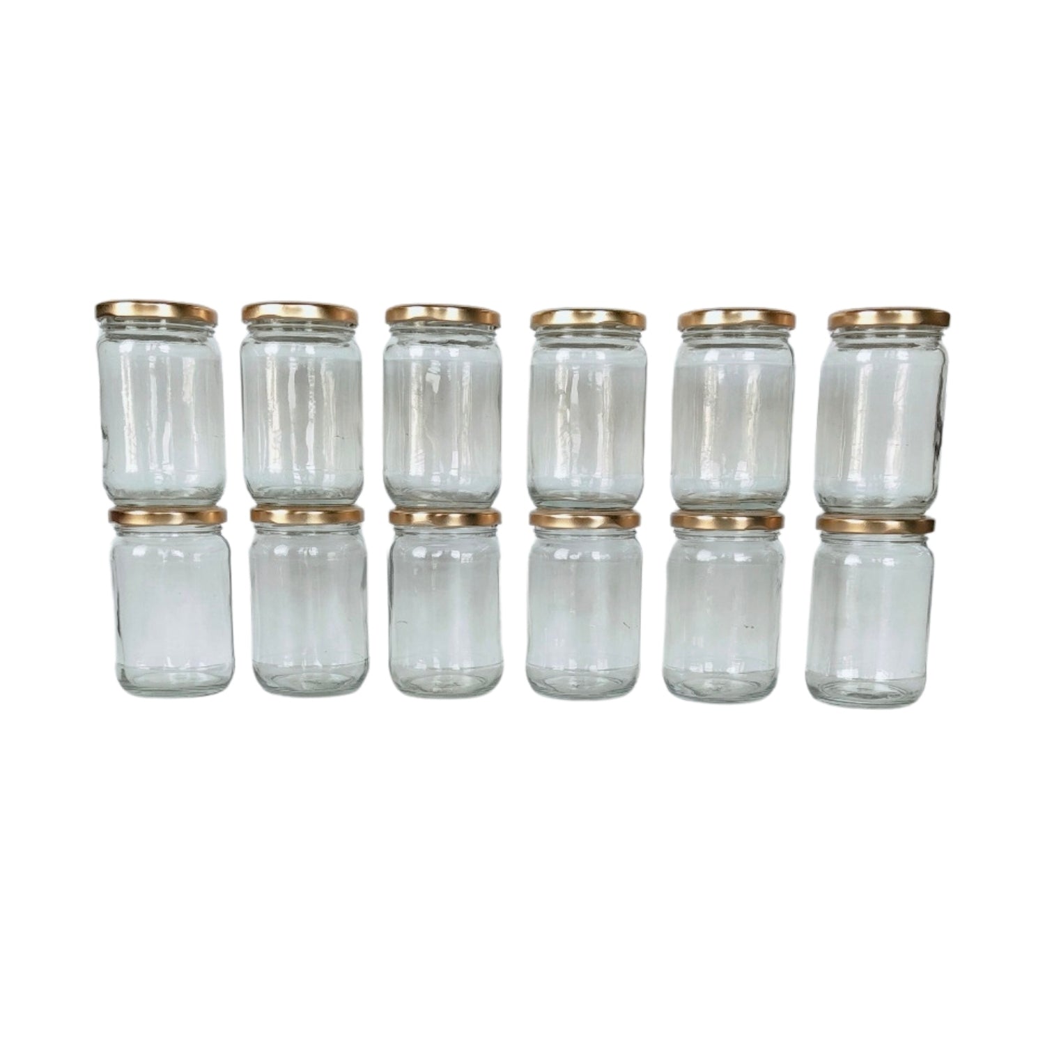 Glass Jars with Golden Round cap front view set of 12