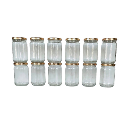 Glass Jars with Golden Round cap front view set of 12