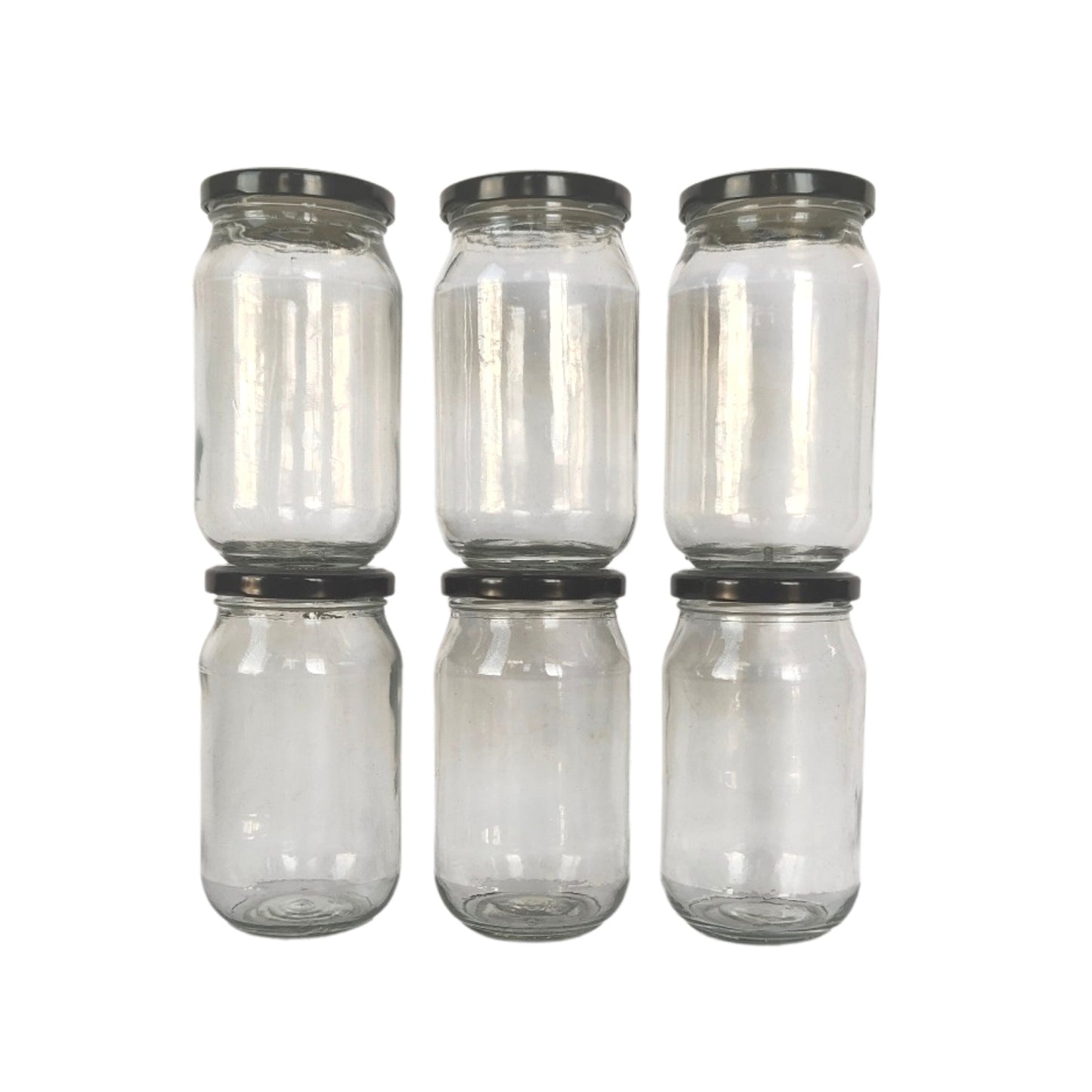 Glass Jars with Black Round cap front view set of 6