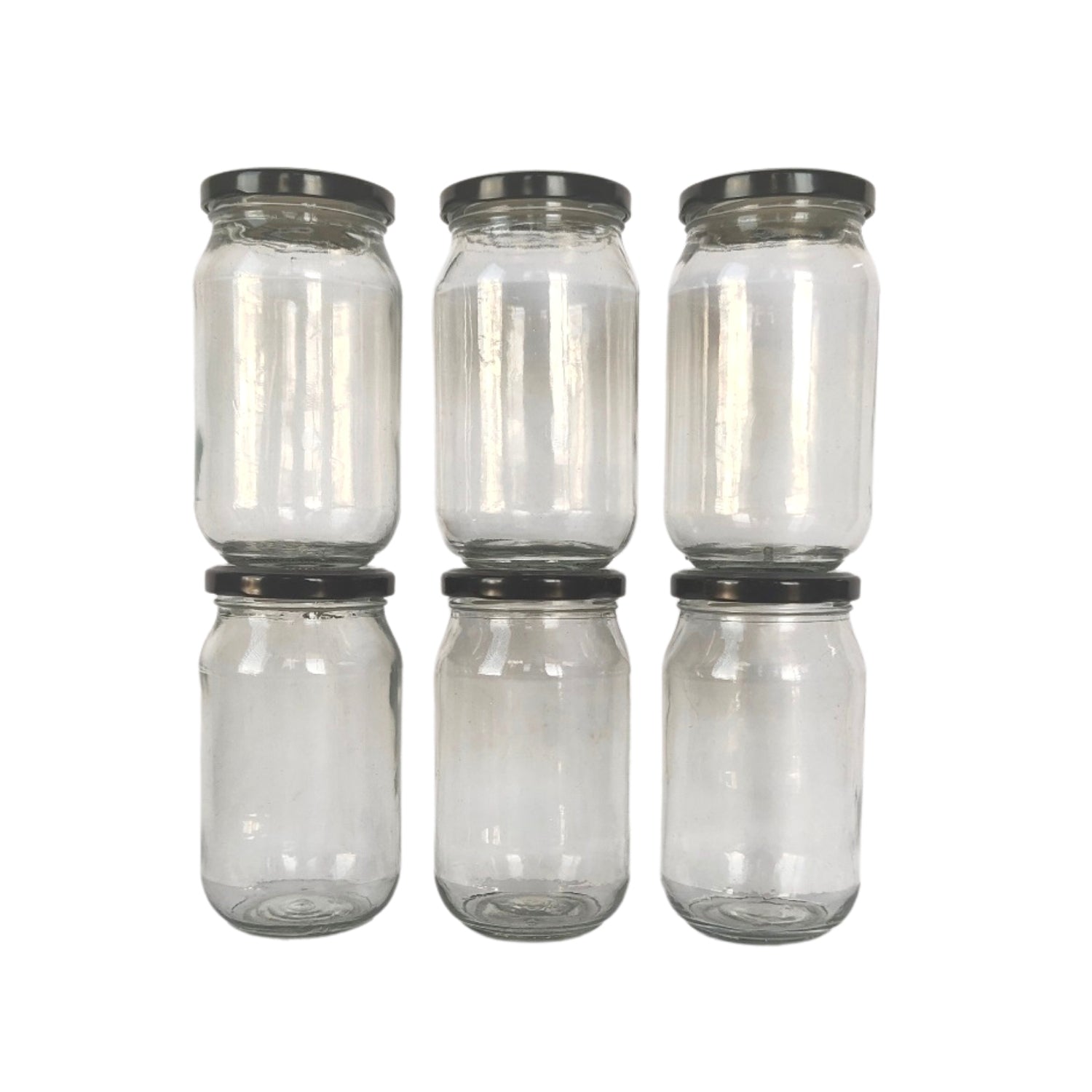 Glass Jars with Black Round cap front view set of 6