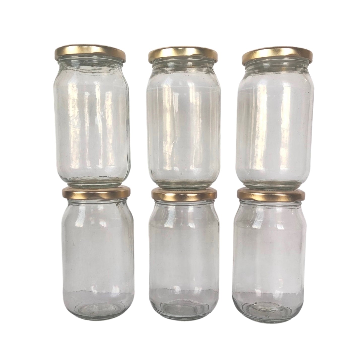 Glass Jars with Golden Round cap front view set of 6