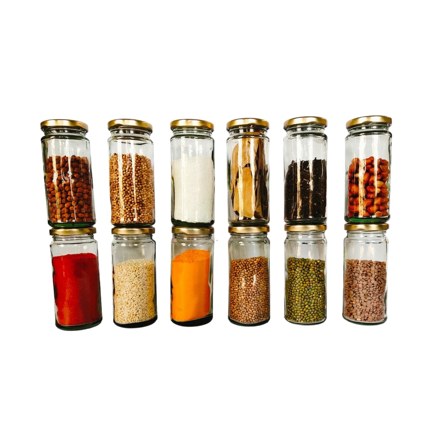Long Glass Jars with Red Round cap front view set of 12