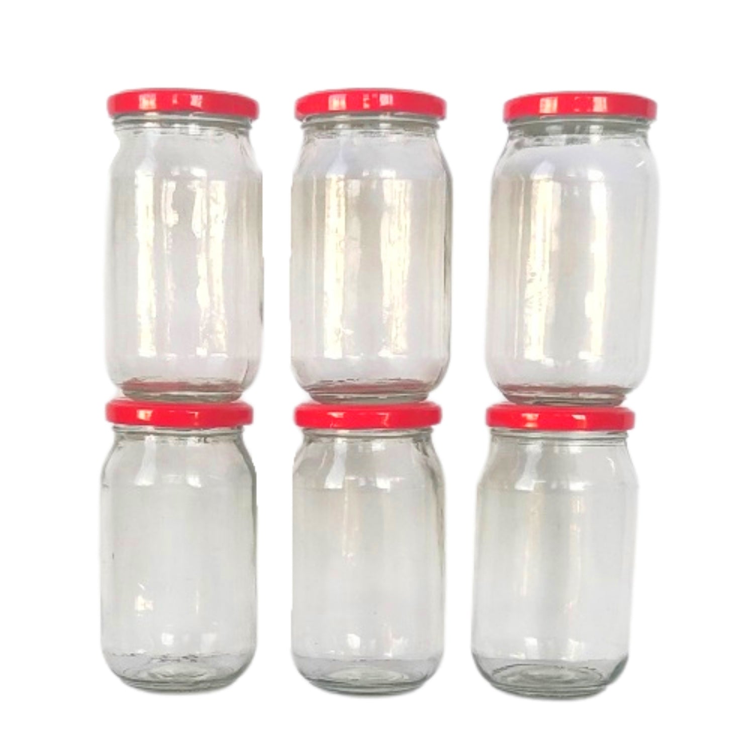 Glass Jars with Red Round cap front view set of 6
