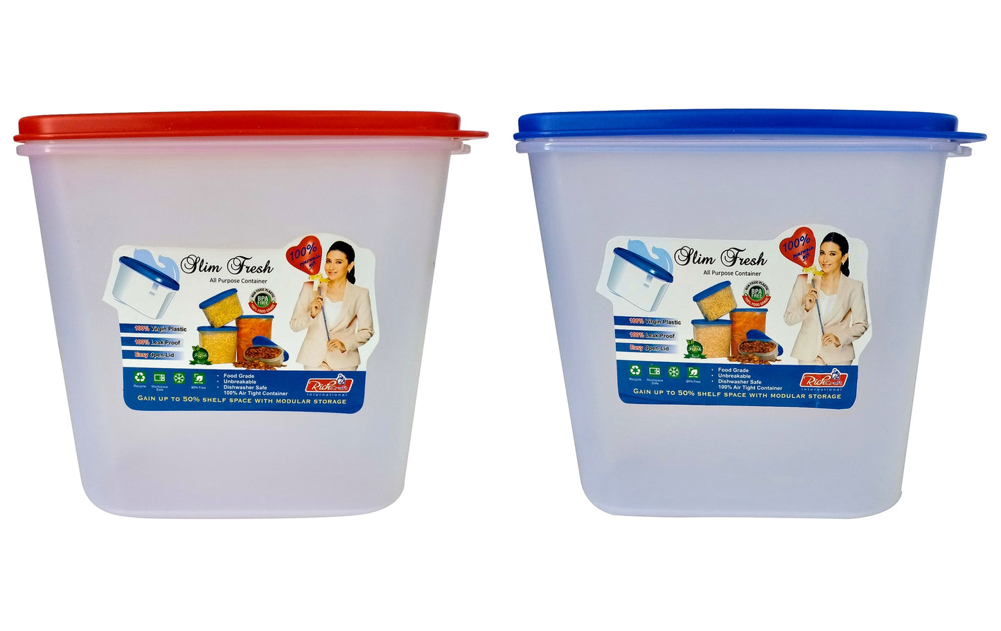 Big Plastic Storage Containers Boxes Size 1.2 L Red & Blue Cap set of 2 front vie
