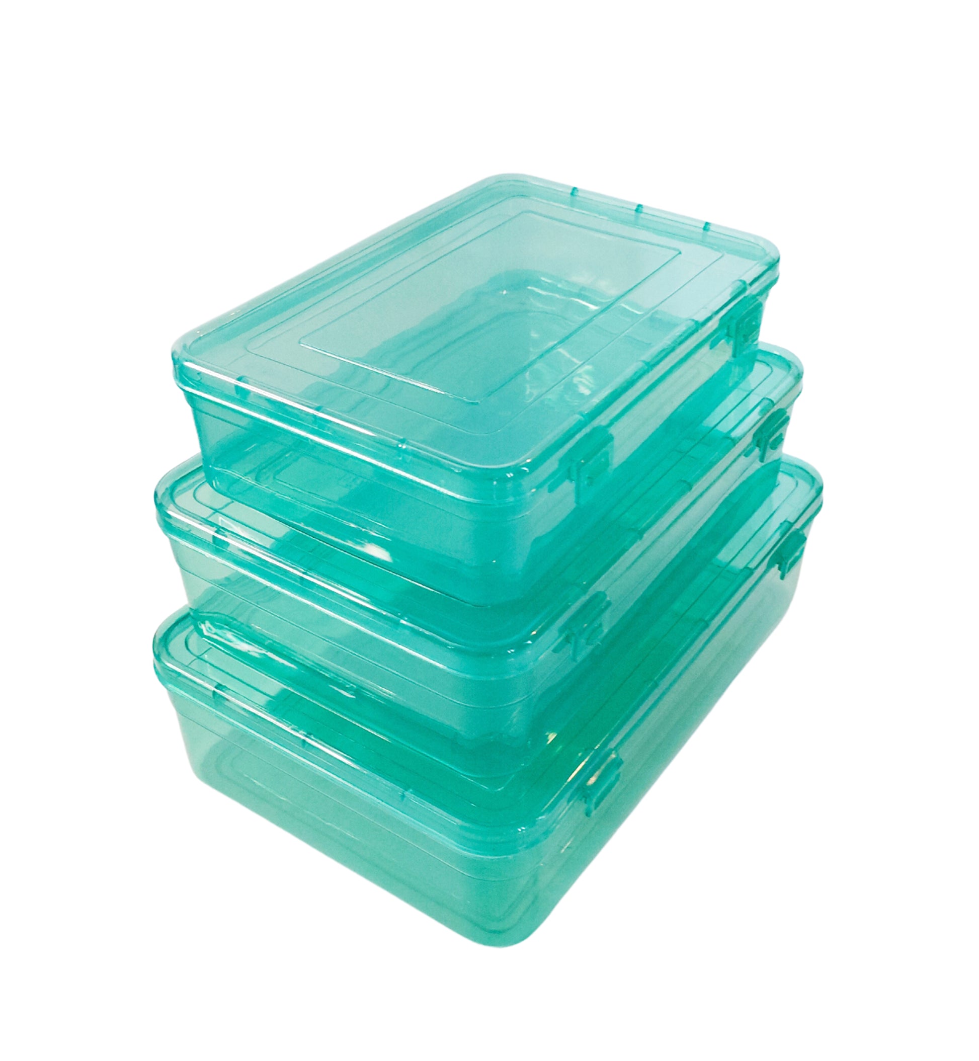 Green Coloured Plastic Large Storage Box large, medium & small size set of 3 side & upper view