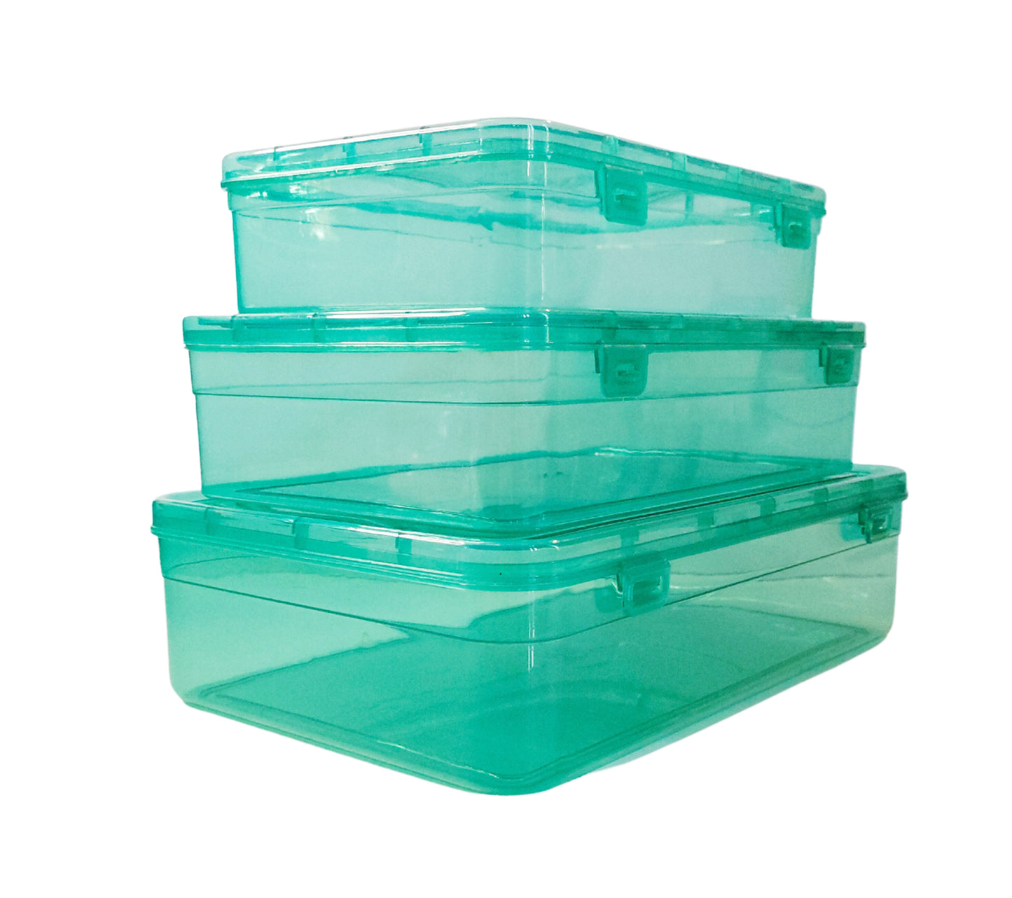 Green Coloured Plastic Large Storage Box large, medium & small size set of 3 side view