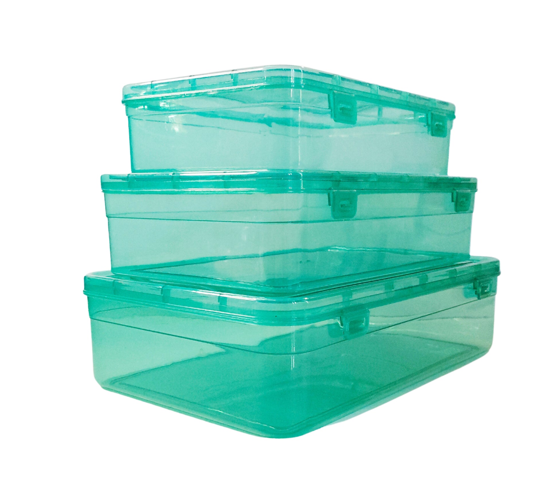 Green Coloured Plastic Large Storage Box large, medium & small size set of 3 side view