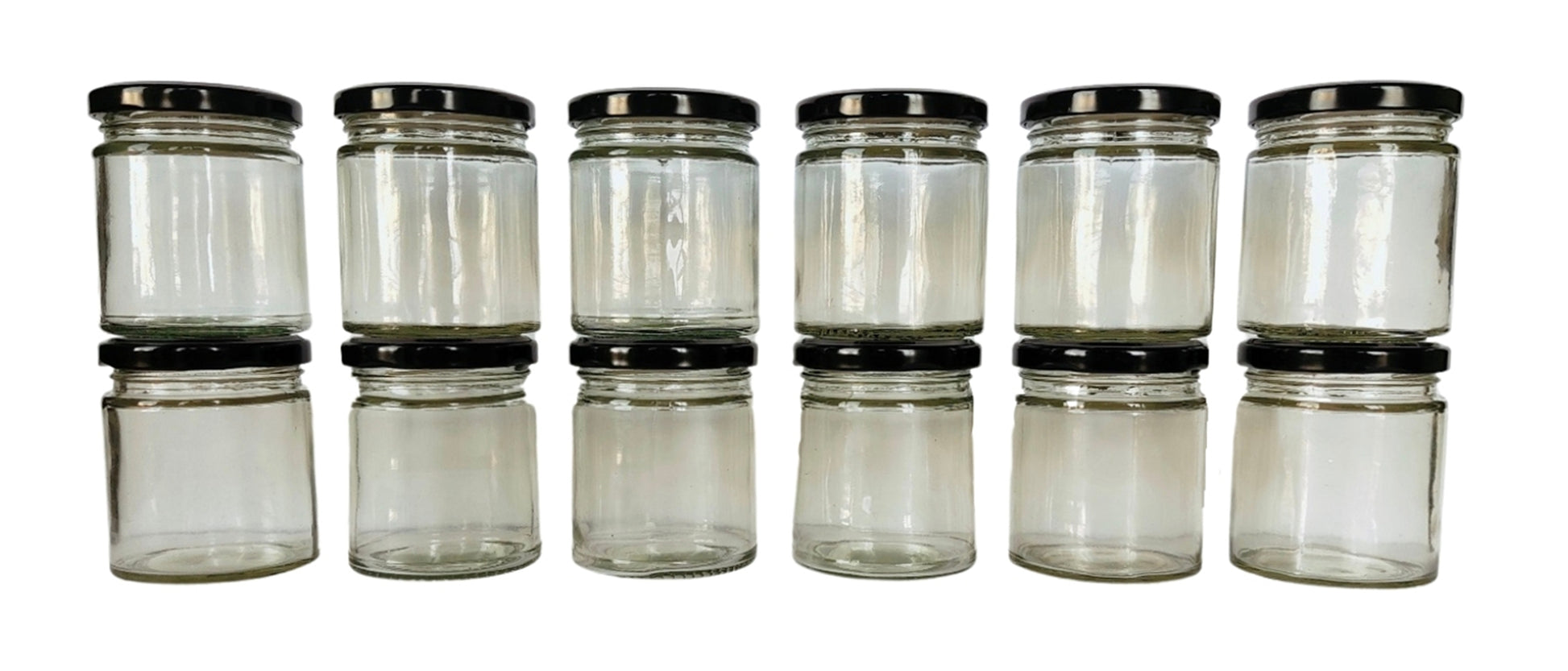 Short Glass Jars with Black Round cap front  view set of 12
