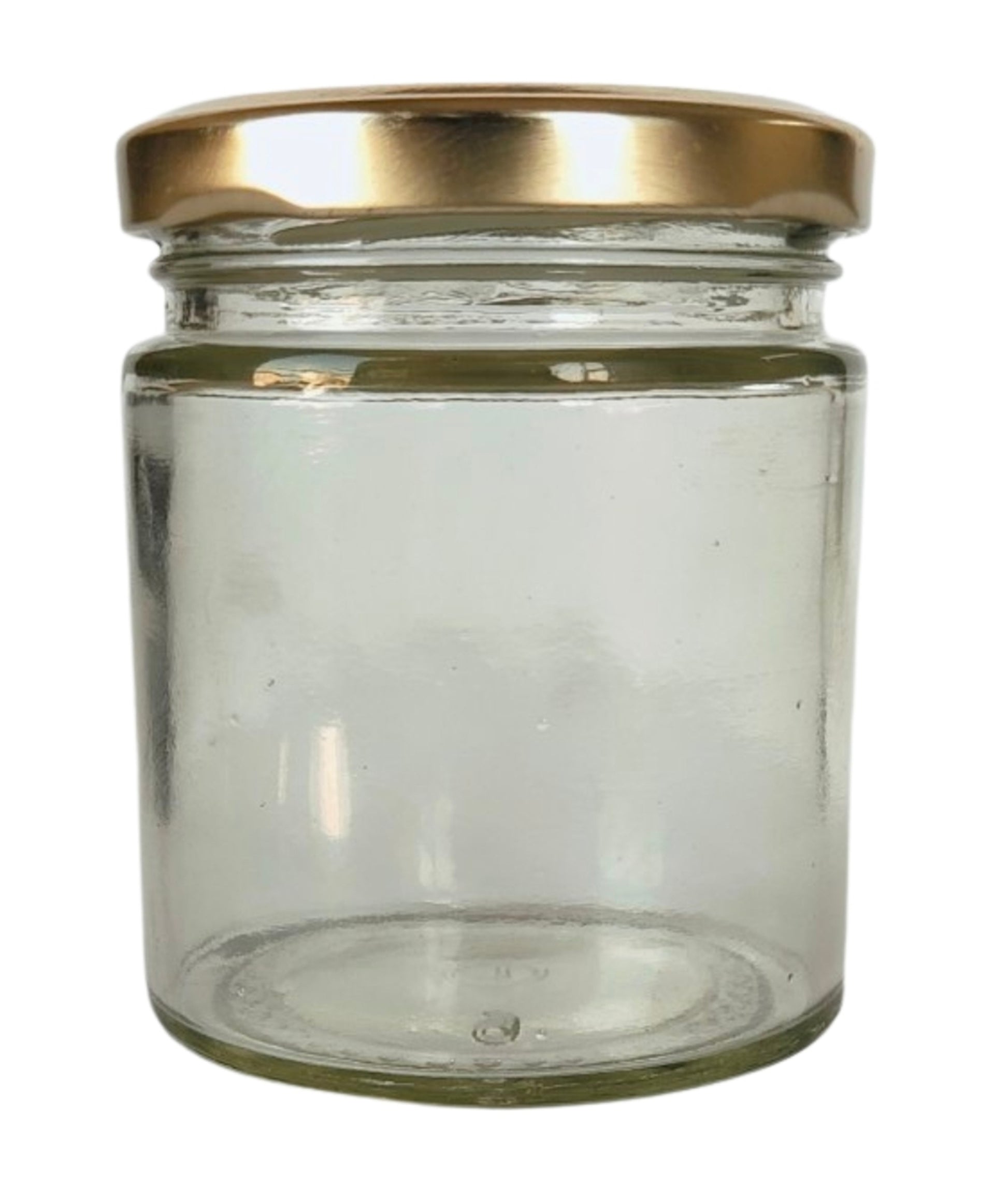 Short Glass Jars with Golden Round cap front view set of 6