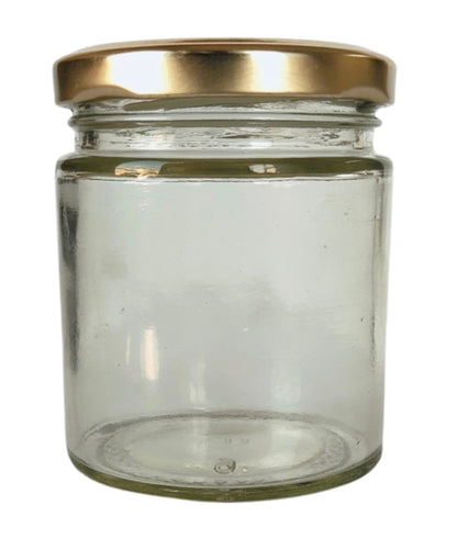 Short Glass Jars with Golden Round cap front view set of 6