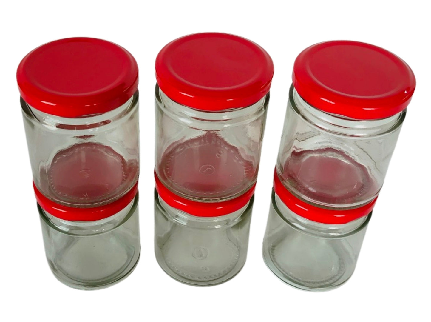 Short Glass Jars with Red Round cap front & upper view set of 6