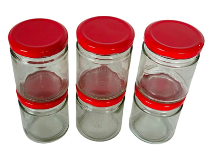 Short Glass Jars with Red Round cap front & upper view set of 6