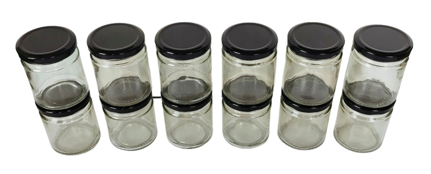 Short Glass Jars with Black Round cap front & upper view set of 12