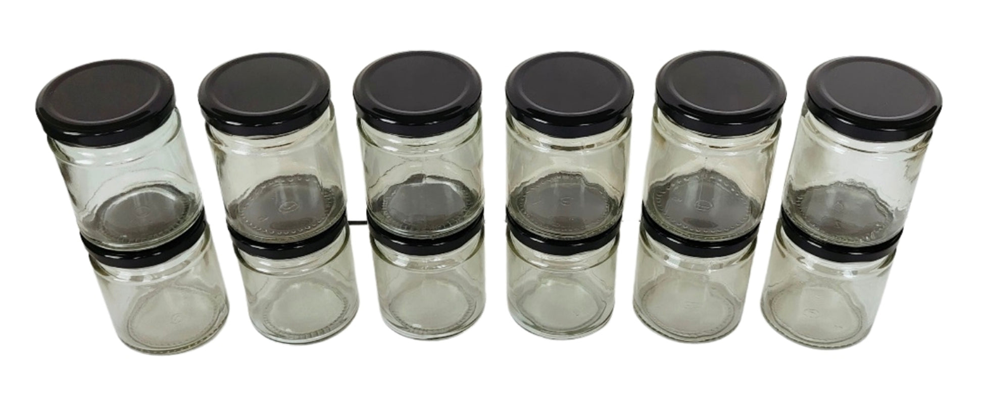Short Glass Jars with Black Round cap front & upper view set of 12