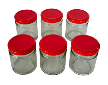 Short 200 ml Glass Mason Jars with Airtight Red Cap Multi Purpose Jar/Pickle Jars (Set of 6)