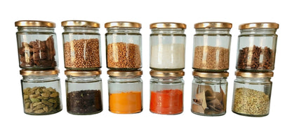 Short Glass Jars with Golden Round cap front view set of 12