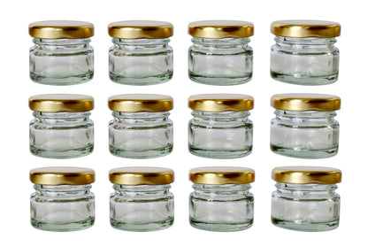 Glass Jars with golden cap set of 12 front view