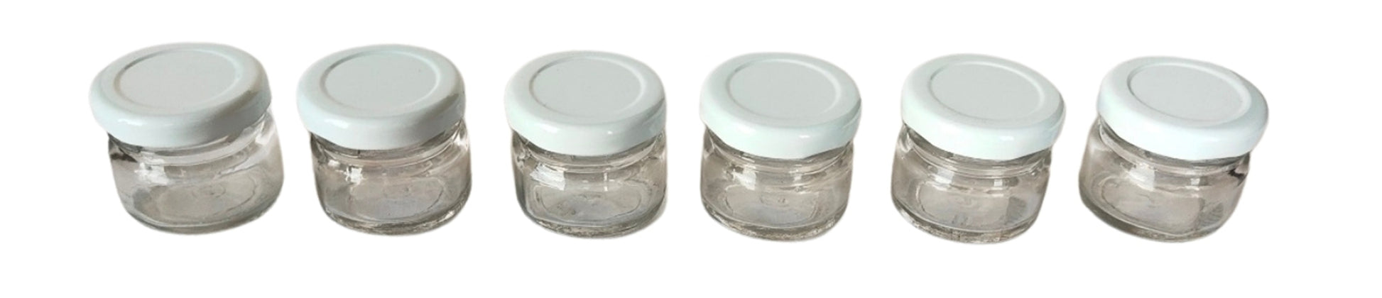 Glass Jars with white cap front & upper view set of 6