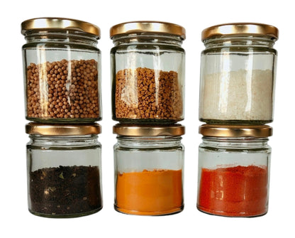 Short Glass Jars with Golden Round cap front view set of 6