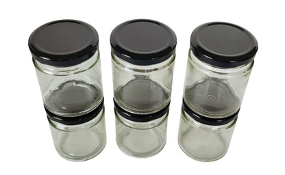 Short 200 ml Glass Mason Jars with Airtight Black Cap Multi Purpose Jar/Pickle Jars (Set of 6)
