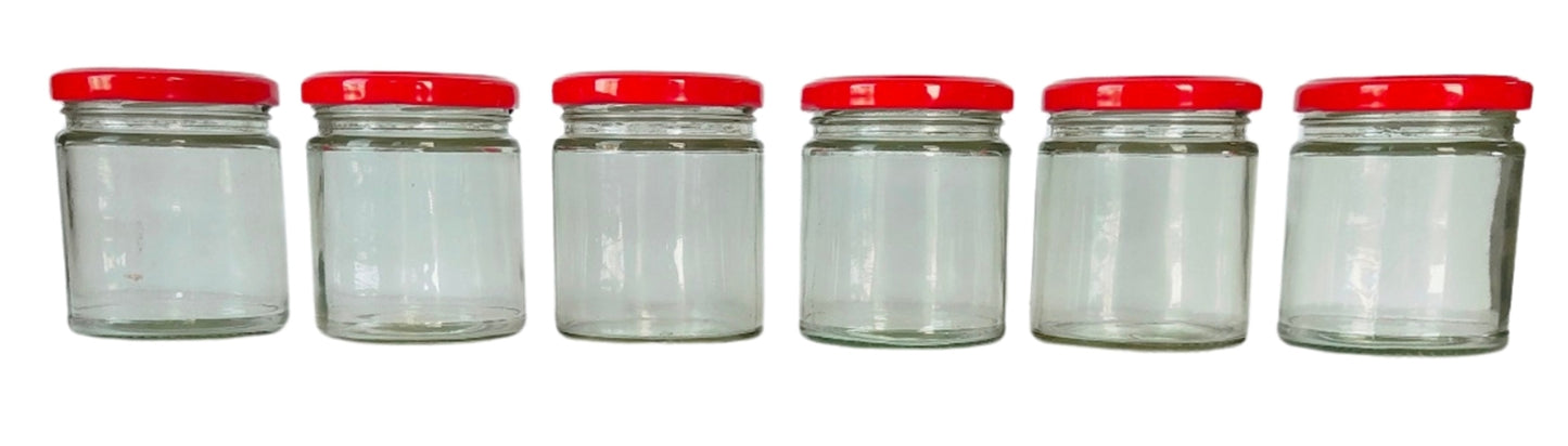 Short Glass Jars with Red Round cap front view set of 6