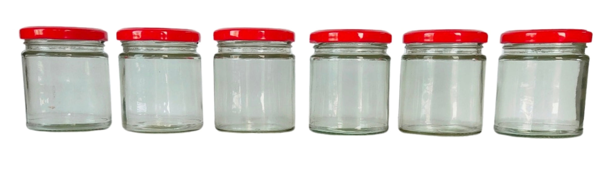 Short Glass Jars with Red Round cap front view set of 6