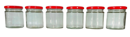 Short Glass Jars with Red Round cap front view set of 6
