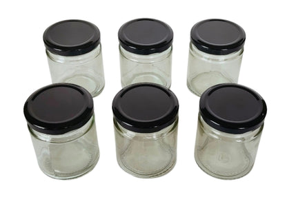 Short 200 ml Glass Mason Jars with Airtight Black Cap Multi Purpose Jar/Pickle Jars (Set of 6)