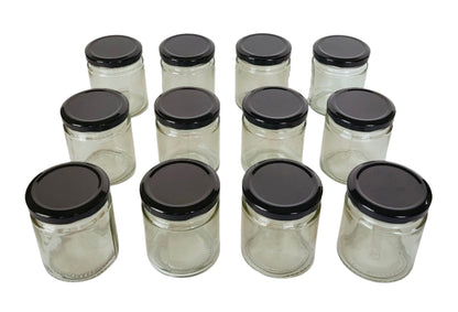 Short 200 ml Glass Mason Jars with Airtight Black Cap Multi Purpose Jar/Pickle Jars (Set of 6)