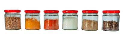 Short Glass Jars with Red Round cap front view set of 6