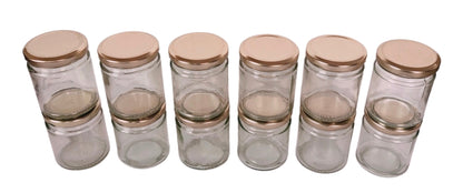 Short Glass Jars with Golden Round cap front & upper view set of 12