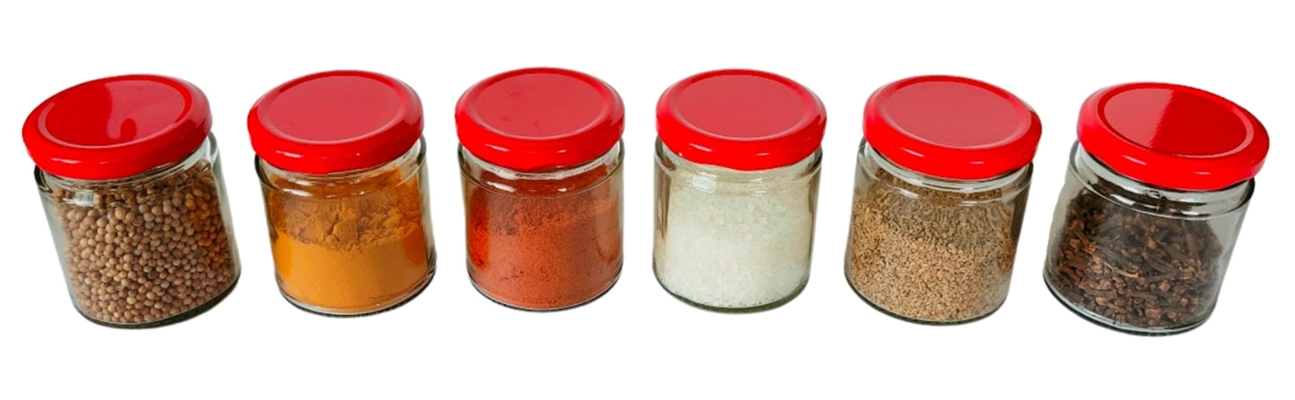 Short Glass Jars with Red Round cap front & upper view set of 6