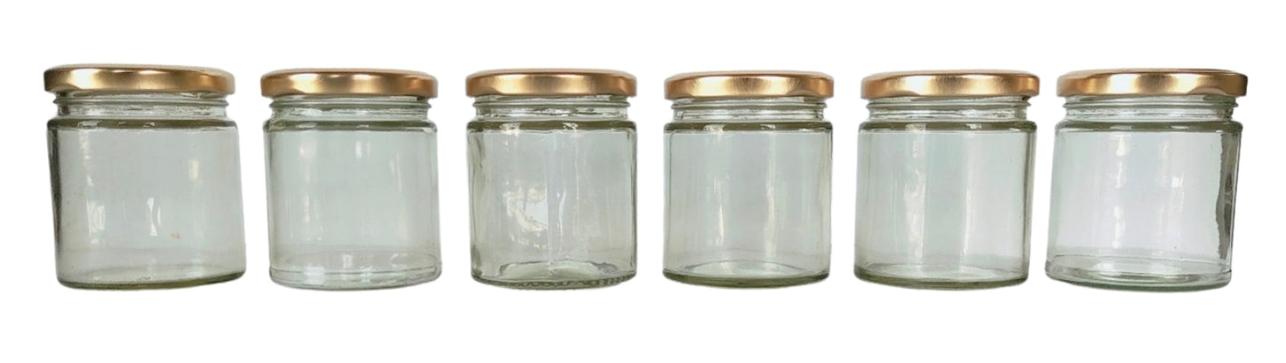 Short Glass Jars with Golden Round cap front view set of 6