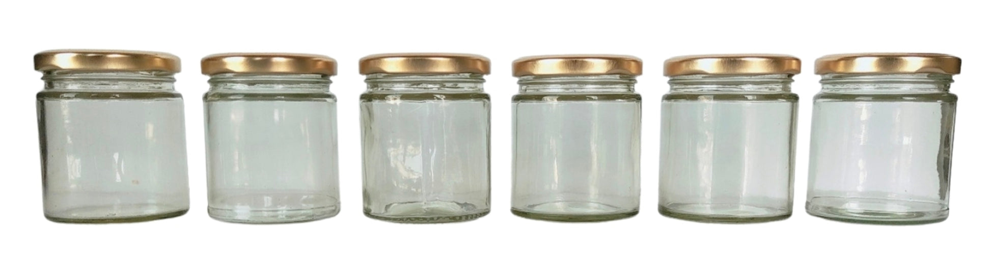 Short Glass Jars with Golden Round cap front view set of 6