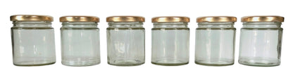 Short Glass Jars with Golden Round cap front view set of 6
