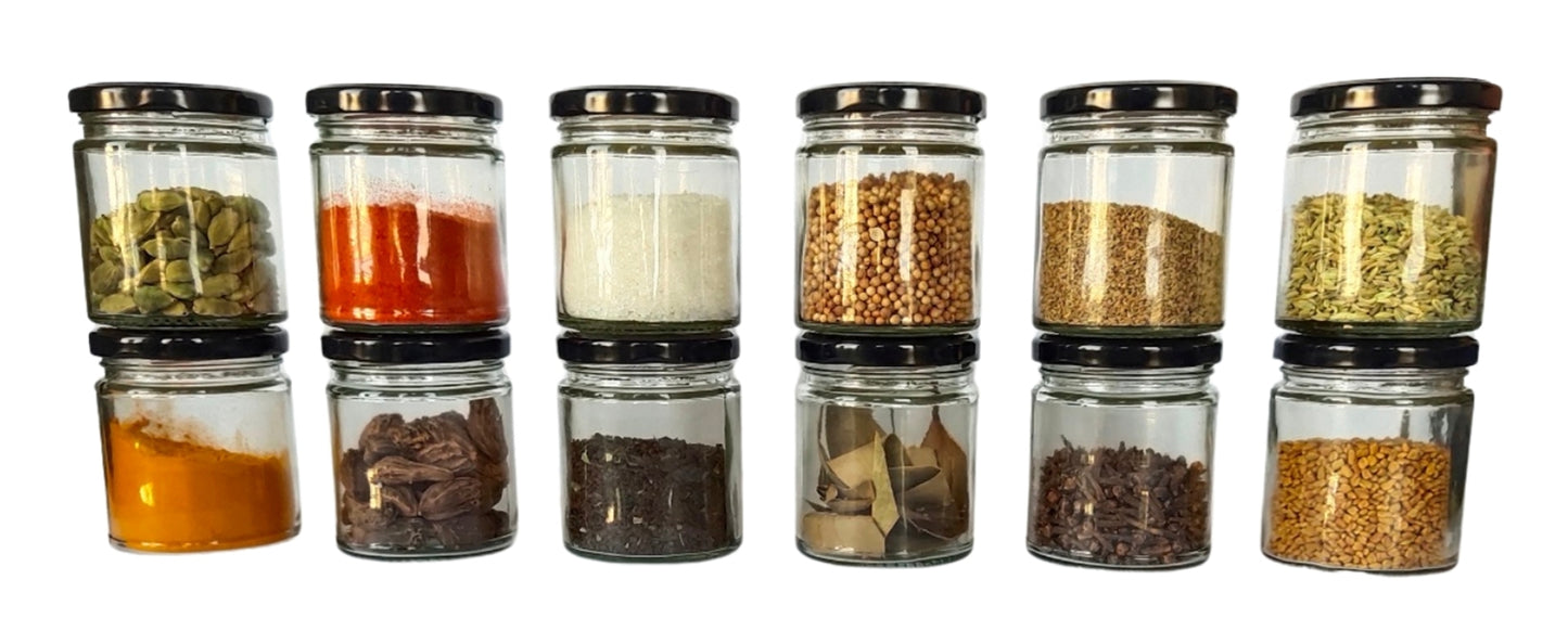Short Glass Jars with Black Round cap front view set of 12