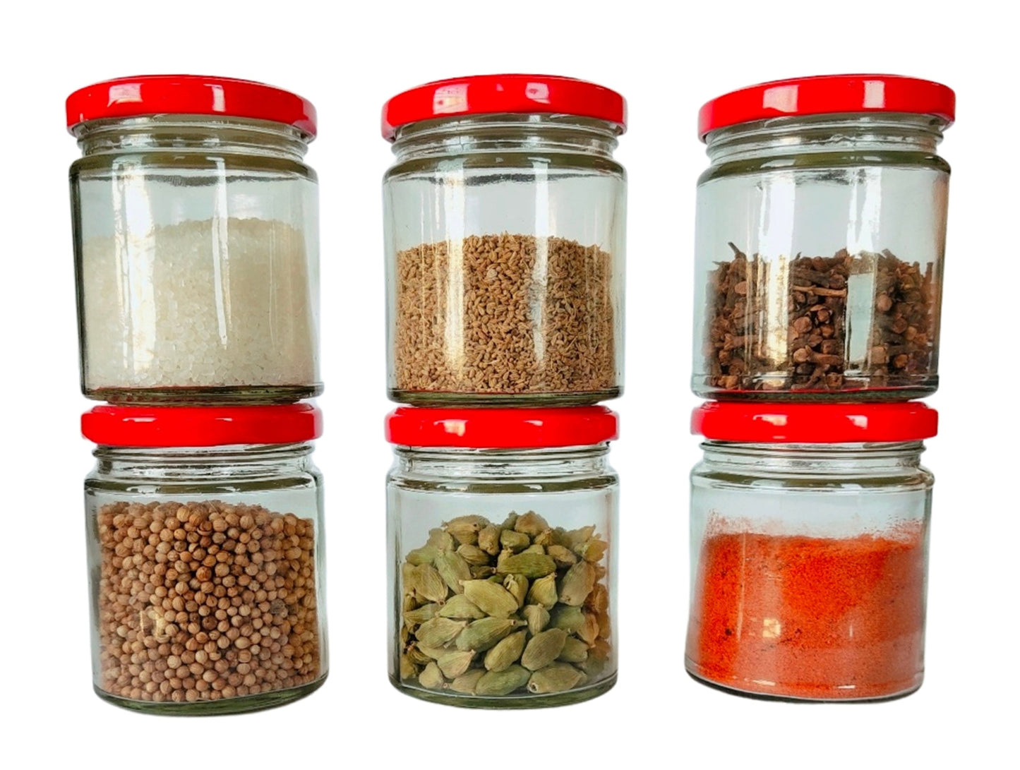 Short Glass Jars with Red Round cap front view set of 6
